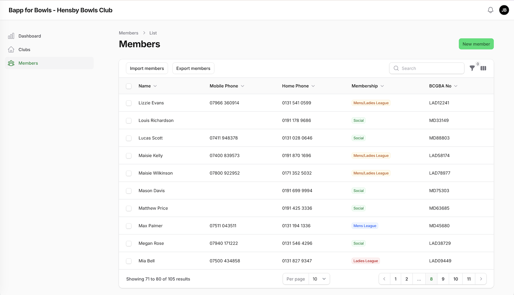 Bapp for Bowls — Member Directory screen